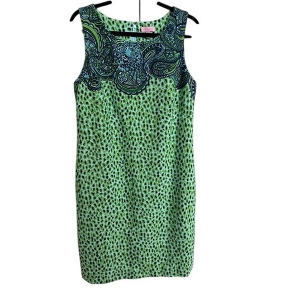 Lilly Pulitzer Green Leopard Paisley Shift Dress Sleeveless Size 12 Cotton Blend